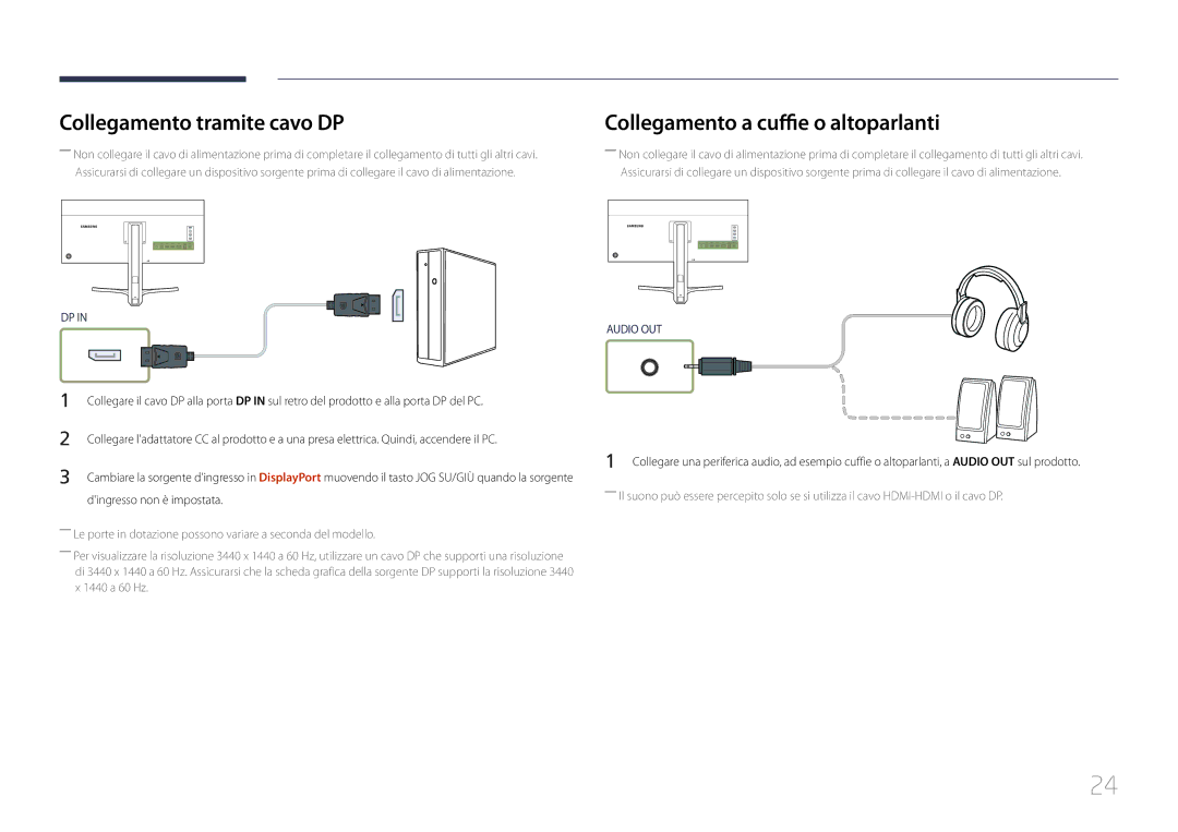 Samsung LS34E790CNS/EN manual Collegamento tramite cavo DP, Collegamento a cuffie o altoparlanti, Dingresso non è impostata 