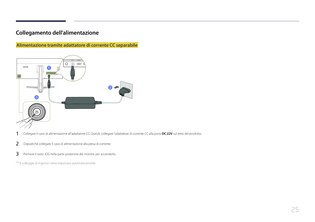 Samsung LS34E790CNS/EN manual Collegamento dellalimentazione, Alimentazione tramite adattatore di corrente CC separabile 