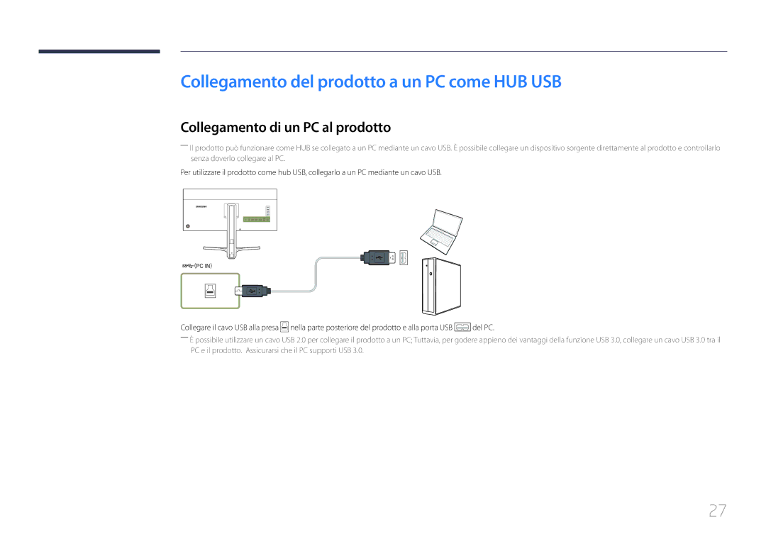 Samsung LS34E790CNS/EN manual Collegamento del prodotto a un PC come HUB USB, Collegamento di un PC al prodotto 