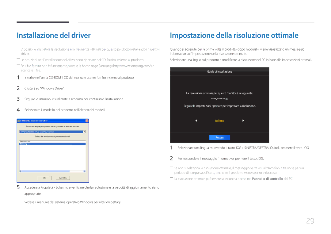 Samsung LS34E790CNS/EN manual Installazione del driver, Impostazione della risoluzione ottimale, Cliccare su Windows Driver 