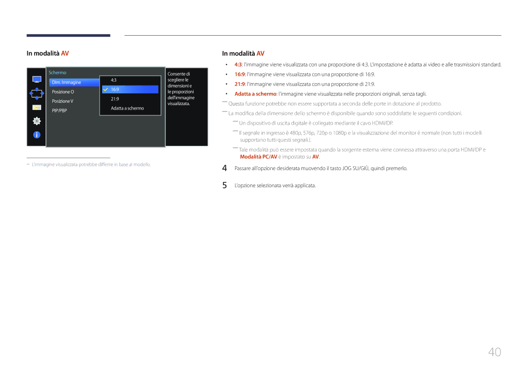 Samsung LS34E790CNS/EN manual Modalità PC/AV è impostato su AV 