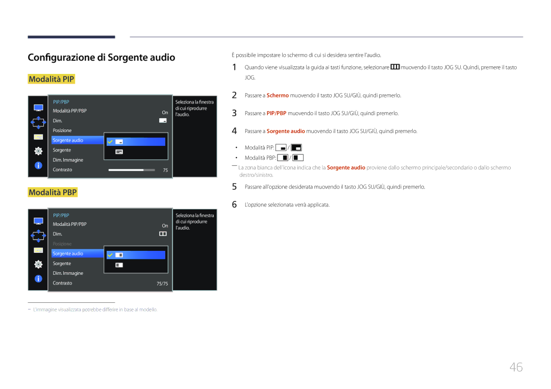 Samsung LS34E790CNS/EN manual Configurazione di Sorgente audio, Modalità PIP/PBP Di cui riprodurre Laudio Dim 