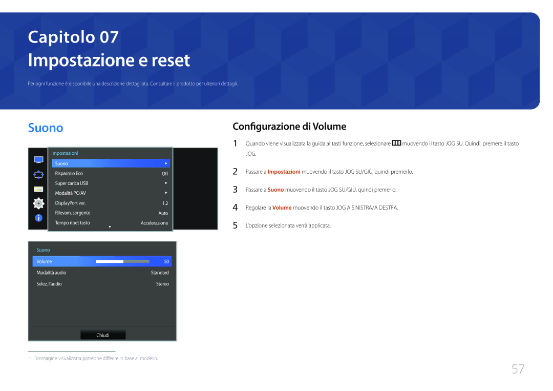 Samsung LS34E790CNS/EN manual Impostazione e reset, Suono, Configurazione di Volume 