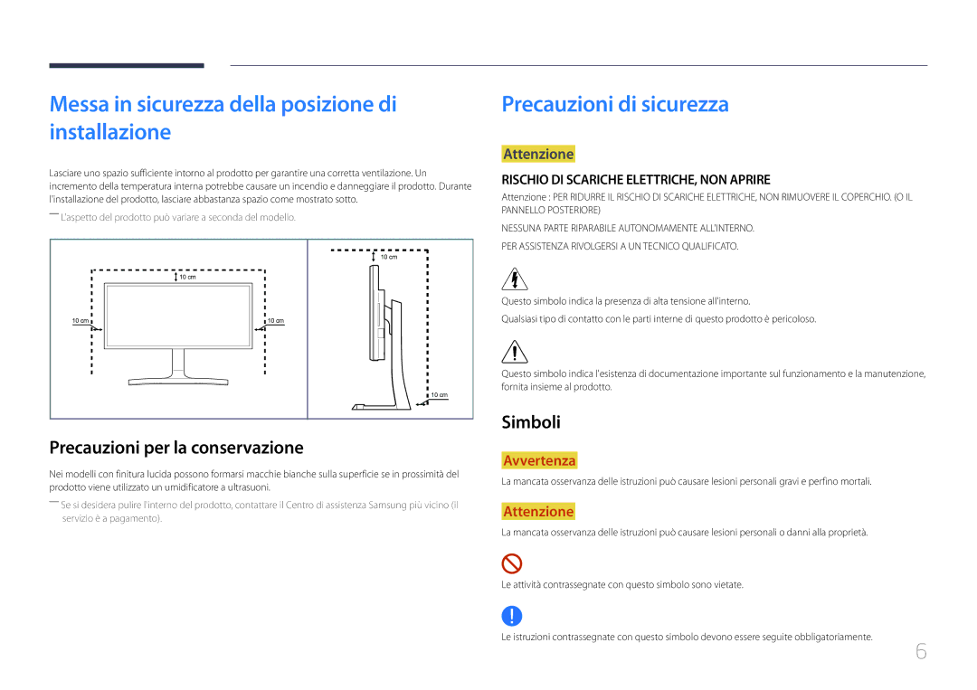 Samsung LS34E790CNS/EN manual Messa in sicurezza della posizione di installazione, Precauzioni di sicurezza, Simboli 