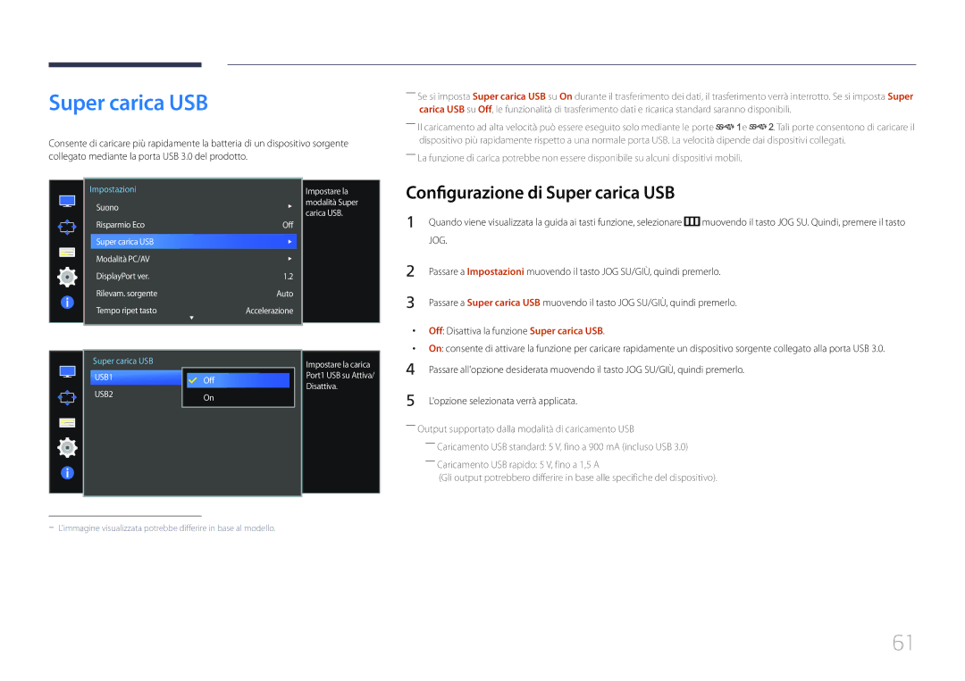 Samsung LS34E790CNS/EN manual Configurazione di Super carica USB, Off Disattiva la funzione Super carica USB 