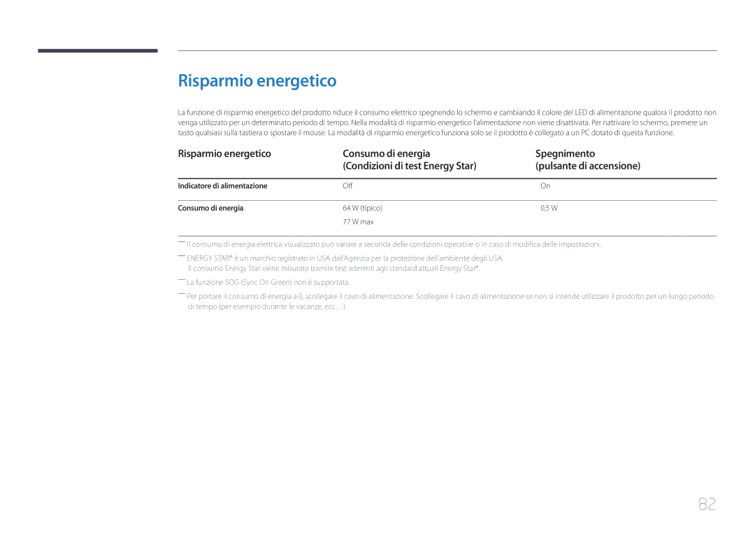 Samsung LS34E790CNS/EN manual Risparmio energetico, Indicatore di alimentazione, Off, Consumo di energia, Tipico Max 