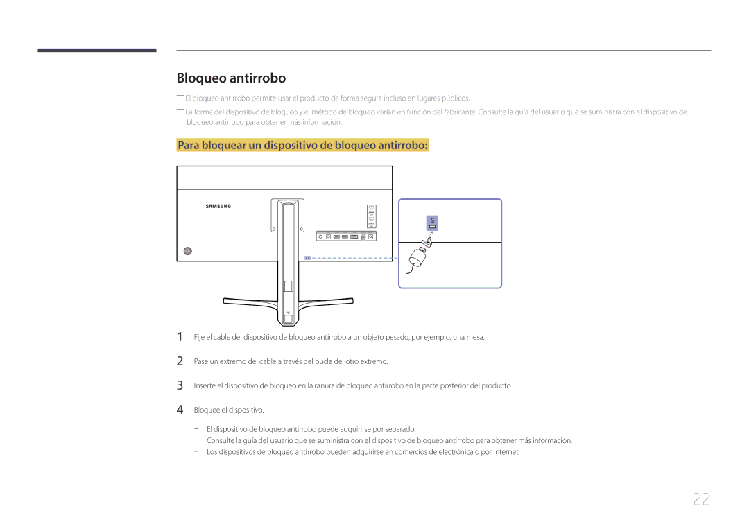 Samsung LS34E790CNS/EN manual Bloqueo antirrobo, Para bloquear un dispositivo de bloqueo antirrobo 