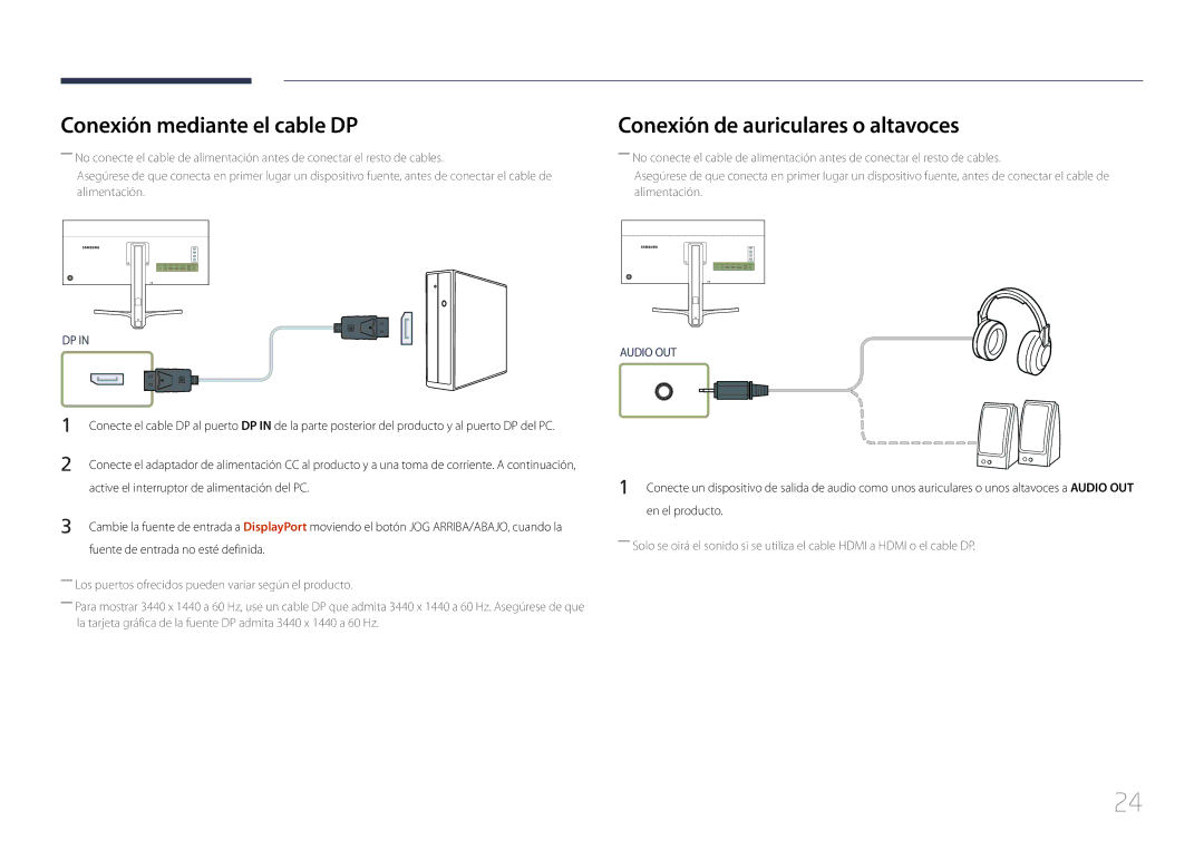 Samsung LS34E790CNS/EN manual Conexión mediante el cable DP, Conexión de auriculares o altavoces 