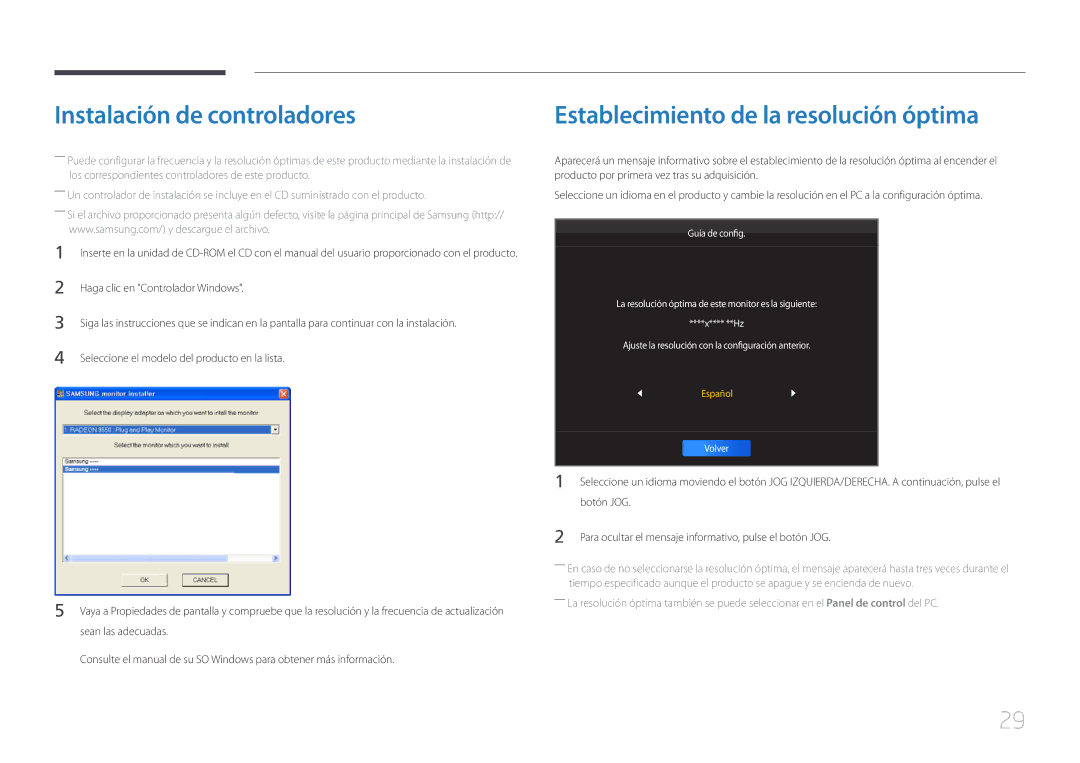 Samsung LS34E790CNS/EN manual Instalación de controladores, Establecimiento de la resolución óptima 