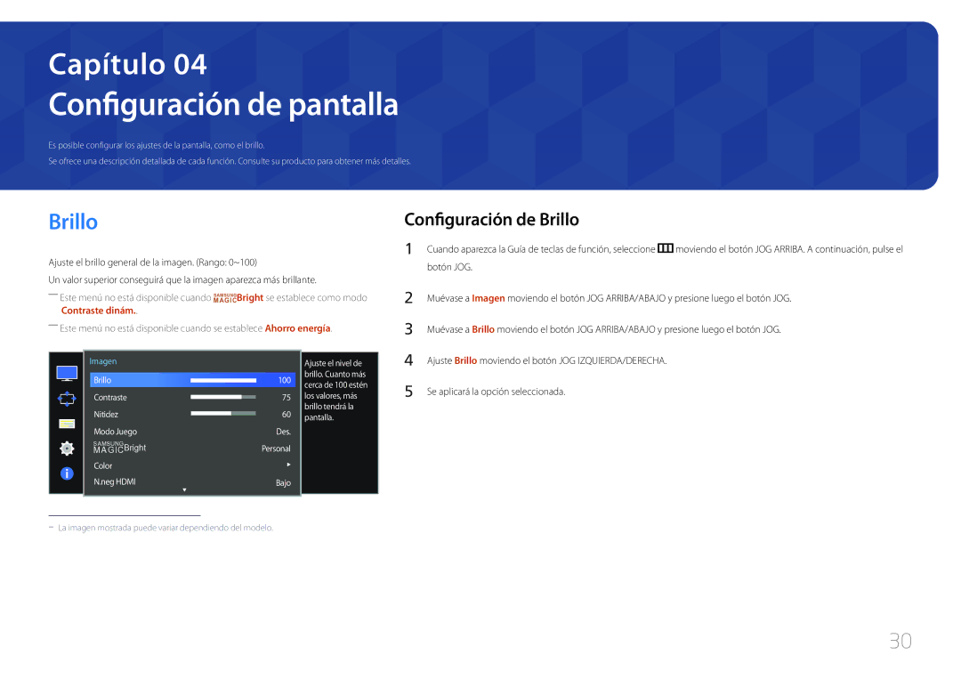 Samsung LS34E790CNS/EN manual Configuración de pantalla, Configuración de Brillo, Se aplicará la opción seleccionada 