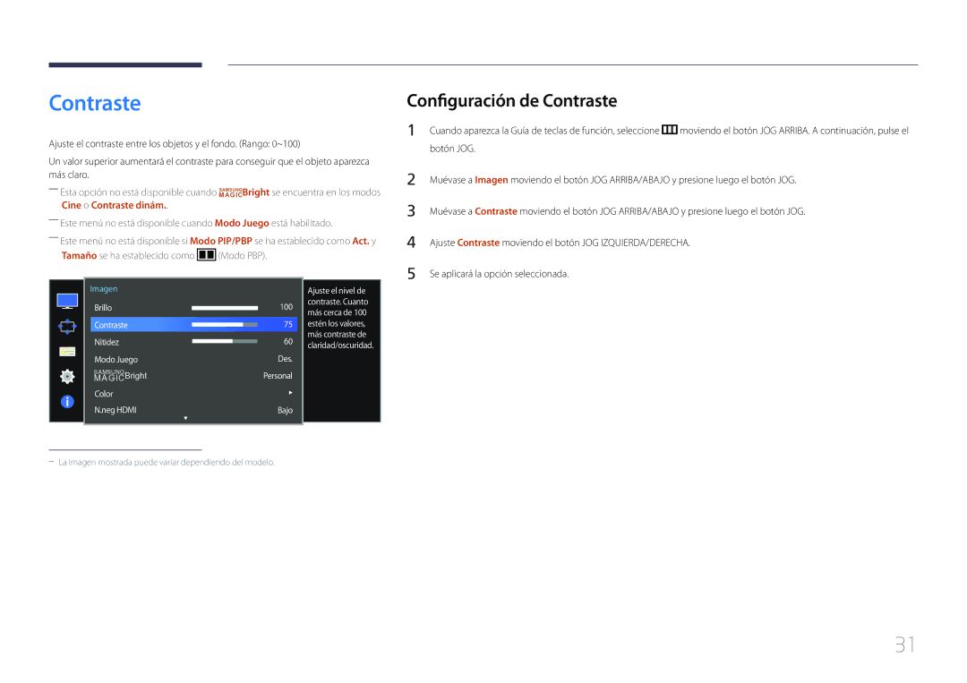 Samsung LS34E790CNS/EN manual Configuración de Contraste, Cine o Contraste dinám 