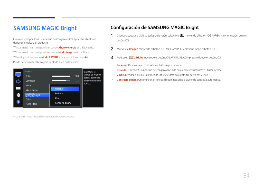 Samsung LS34E790CNS/EN manual Configuración de Samsung Magic Bright 