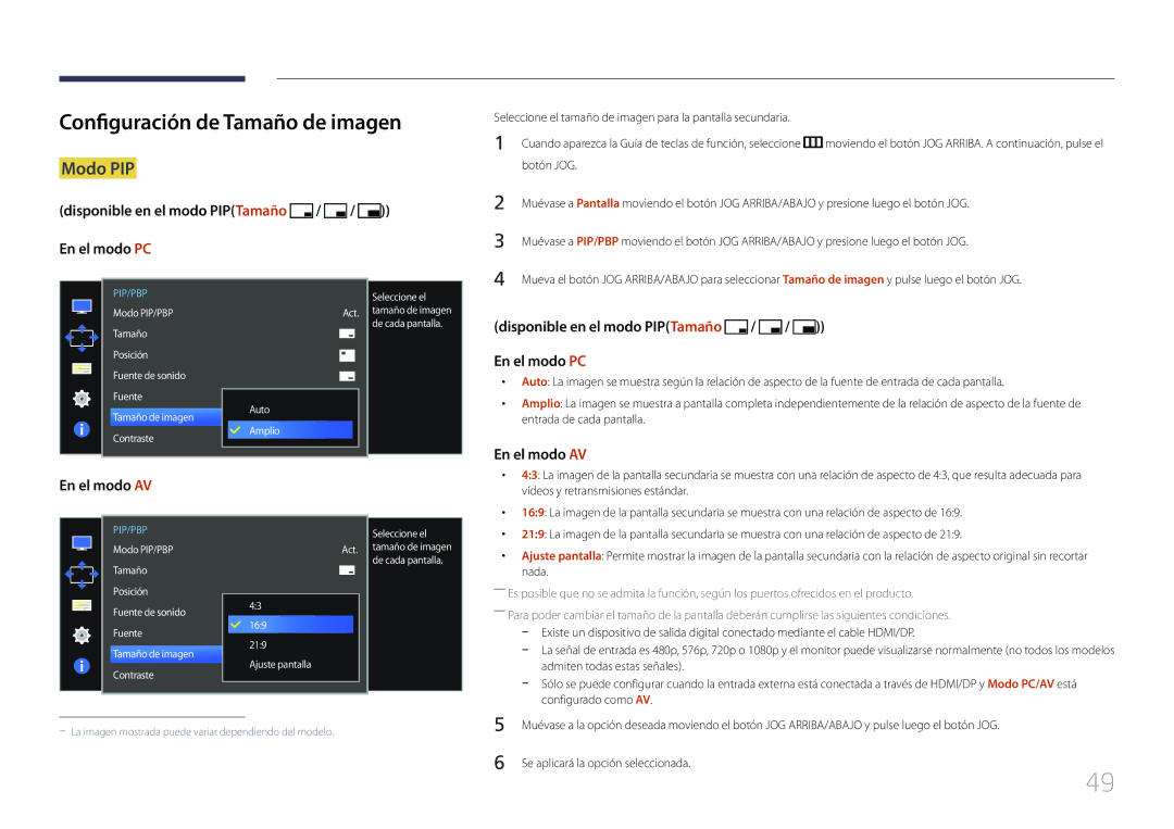 Samsung LS34E790CNS/EN manual Configuración de Tamaño de imagen, Seleccione el tamaño de imagen para la pantalla secundaria 