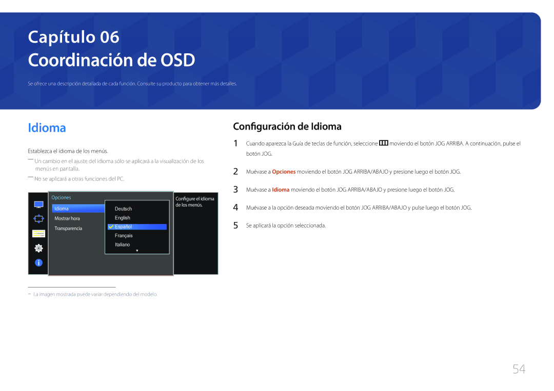 Samsung LS34E790CNS/EN manual Coordinación de OSD, Configuración de Idioma, Establezca el idioma de los menús 