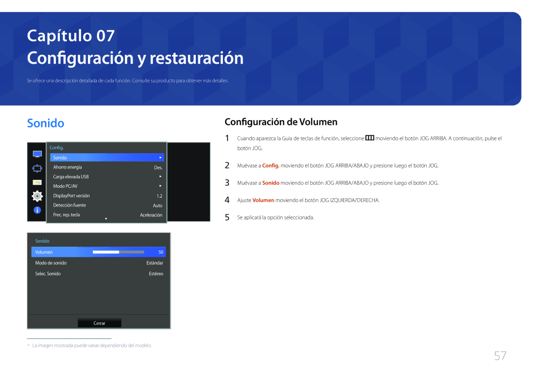 Samsung LS34E790CNS/EN manual Configuración y restauración, Sonido, Configuración de Volumen 