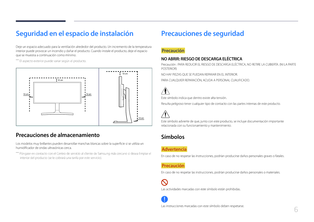 Samsung LS34E790CNS/EN Seguridad en el espacio de instalación, Precauciones de seguridad, Precauciones de almacenamiento 