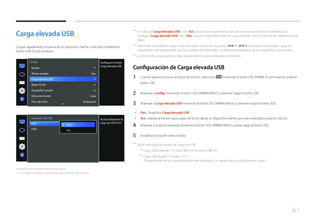 Samsung LS34E790CNS/EN manual Configuración de Carga elevada USB, Des. Desactivar Carga elevada USB 