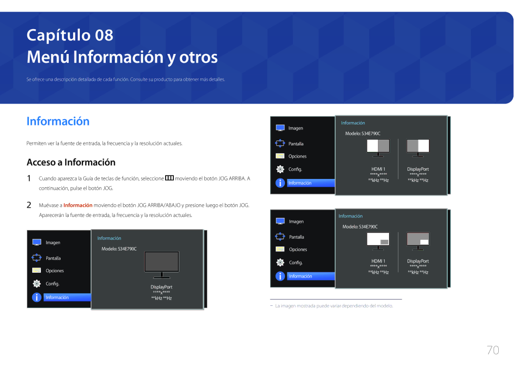 Samsung LS34E790CNS/EN manual Menú Información y otros, Acceso a Información, Continuación, pulse el botón JOG 