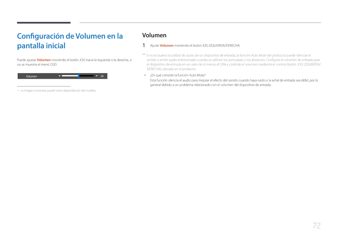 Samsung LS34E790CNS/EN manual Configuración de Volumen en la pantalla inicial, ¿En qué consiste la función Auto Mute? 