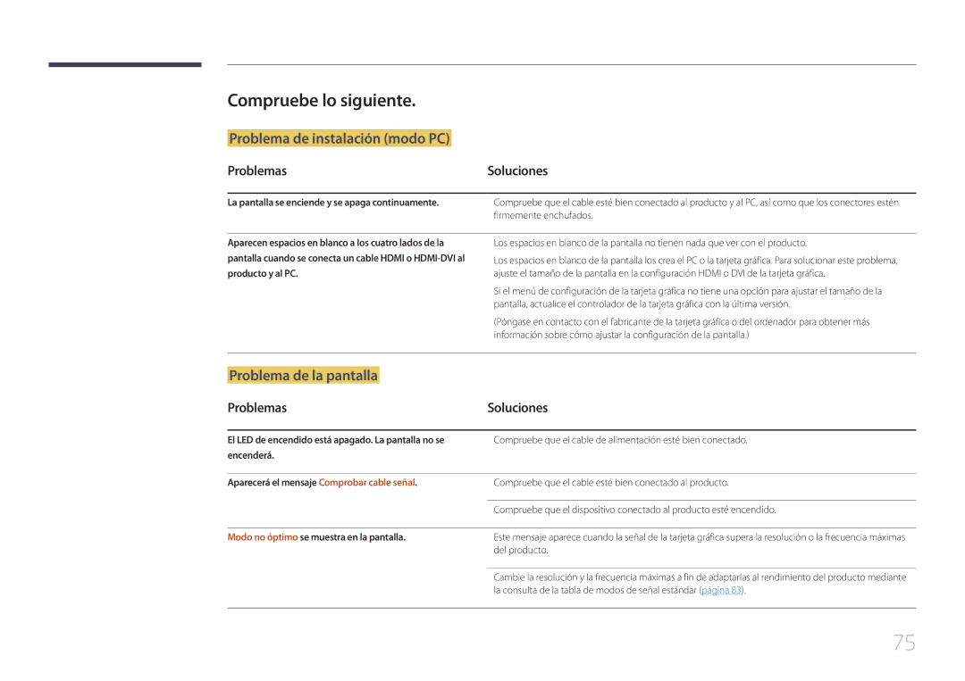 Samsung LS34E790CNS/EN manual Compruebe lo siguiente, Problemas, La pantalla se enciende y se apaga continuamente 