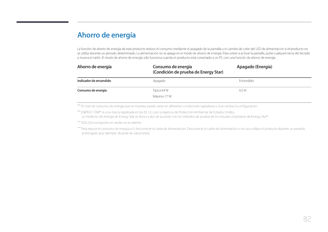 Samsung LS34E790CNS/EN manual Ahorro de energía, Indicador de encendido, Apagado Encendido, Consumo de energía 