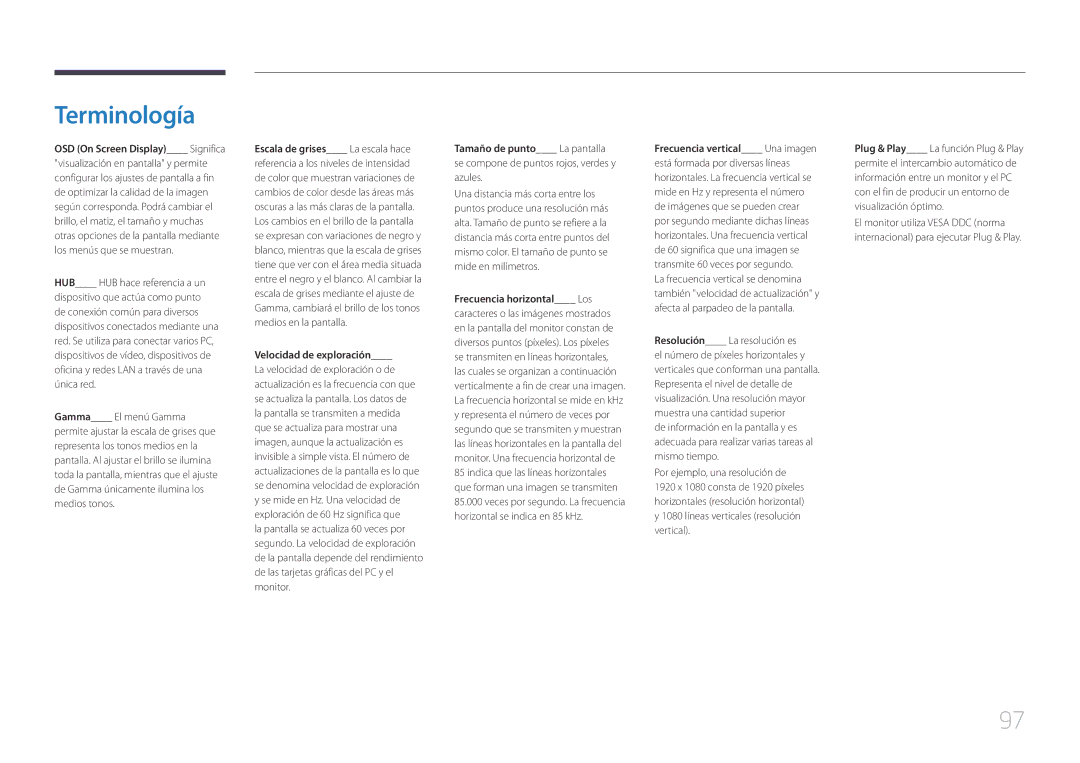 Samsung LS34E790CNS/EN manual Terminología, OSD On Screen Display Significa 