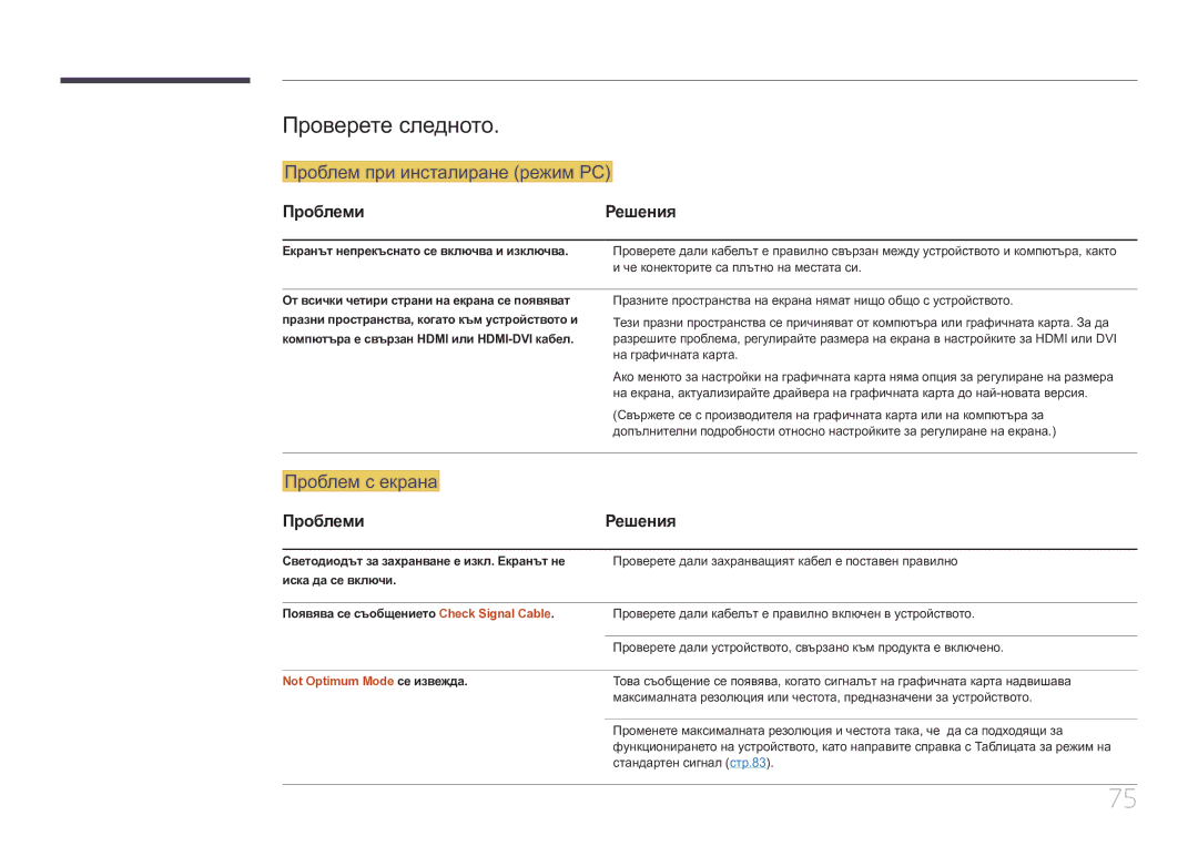 Samsung LS34E790CNS/EN manual Проверете следното, Not Optimum Mode се извежда, Стандартен сигнал стр.83 