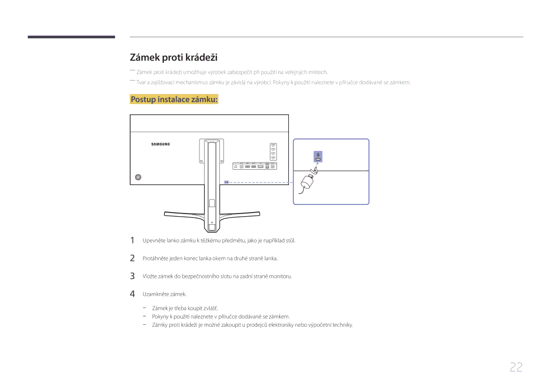 Samsung LS34E790CNS/EN manual Zámek proti krádeži, Postup instalace zámku 