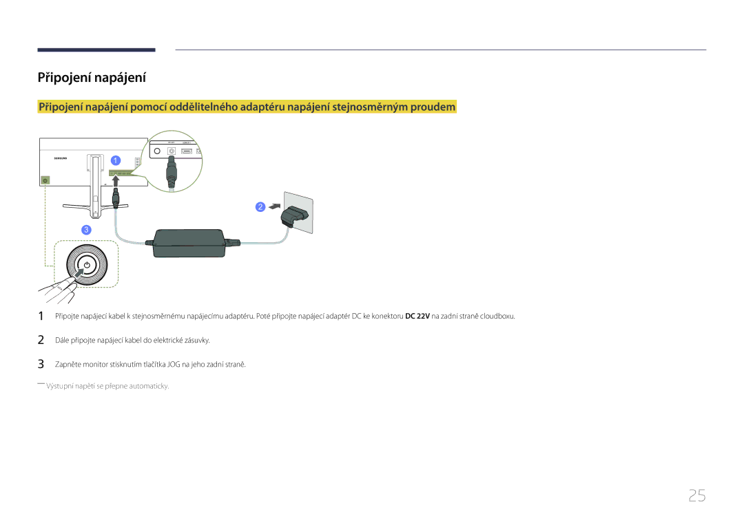 Samsung LS34E790CNS/EN manual Připojení napájení, Dále připojte napájecí kabel do elektrické zásuvky 