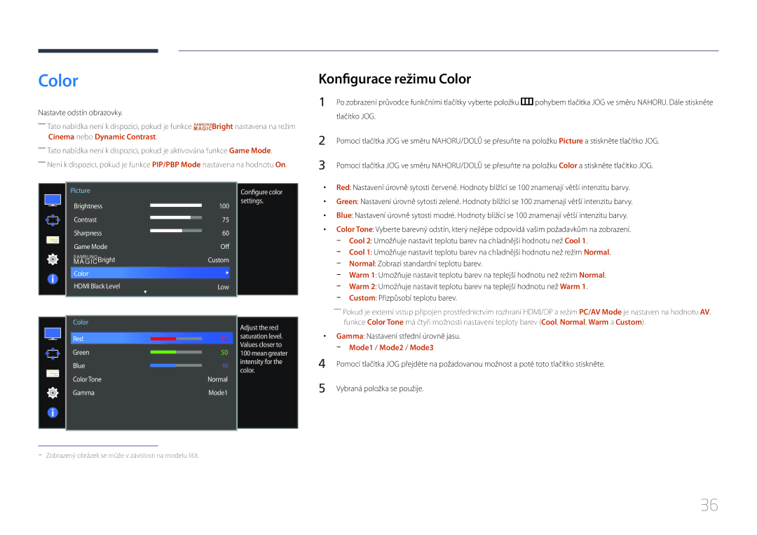 Samsung LS34E790CNS/EN manual Konfigurace režimu Color, Nastavte odstín obrazovky, Gamma Nastavení střední úrovně jasu 