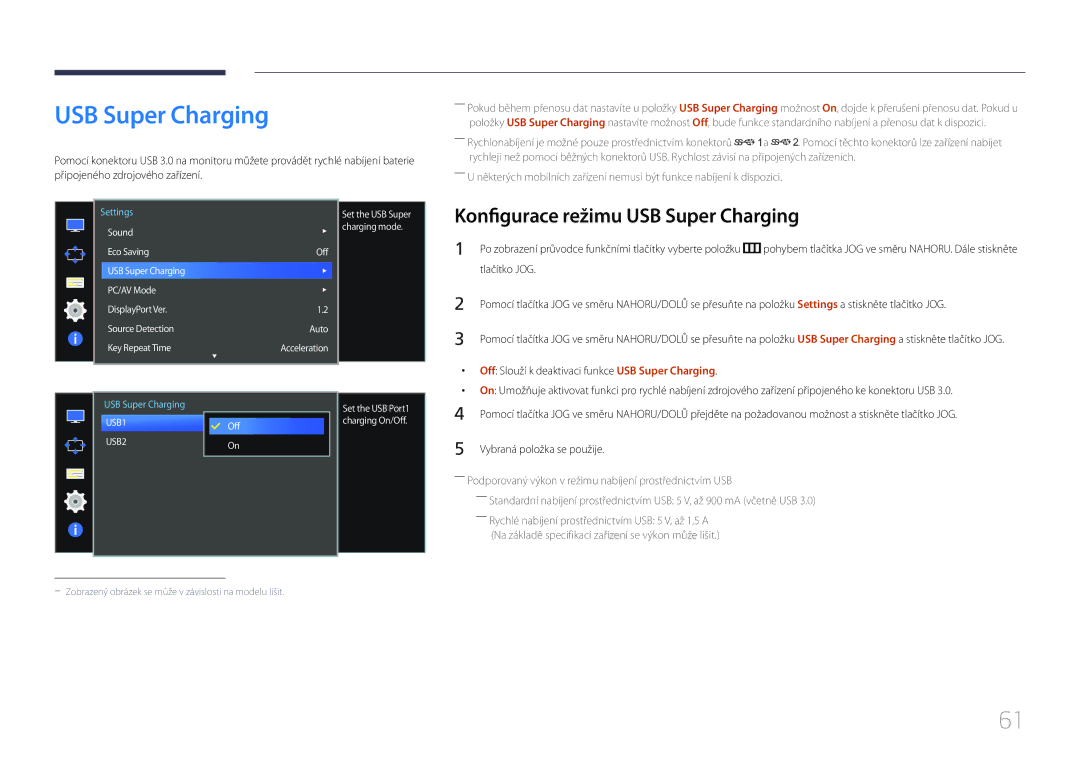 Samsung LS34E790CNS/EN manual Konfigurace režimu USB Super Charging, Off Slouží k deaktivaci funkce USB Super Charging 