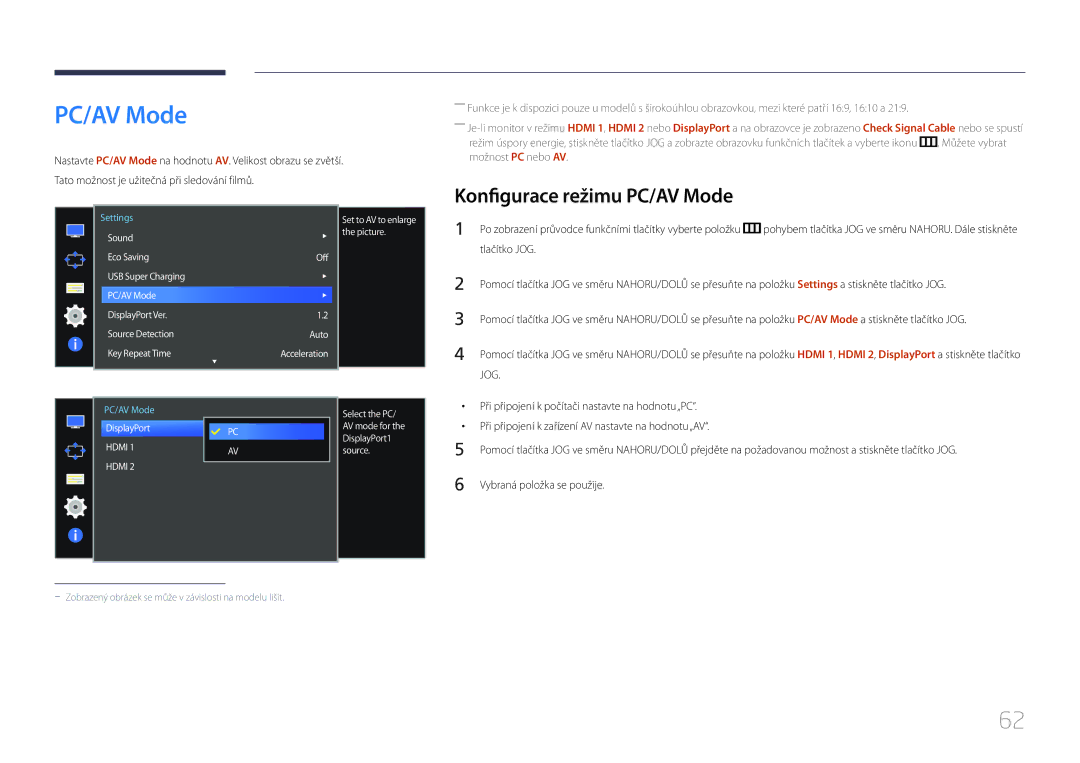 Samsung LS34E790CNS/EN manual Konfigurace režimu PC/AV Mode, Při připojení k počítači nastavte na hodnotu „PC 