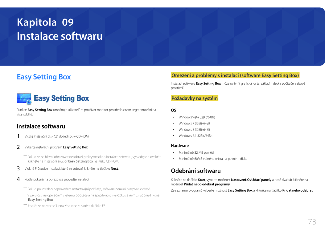 Samsung LS34E790CNS/EN manual Instalace softwaru, Easy Setting Box, Odebrání softwaru 