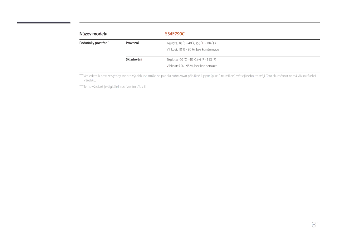 Samsung LS34E790CNS/EN manual Podmínky prostředí Provozní, Skladování 