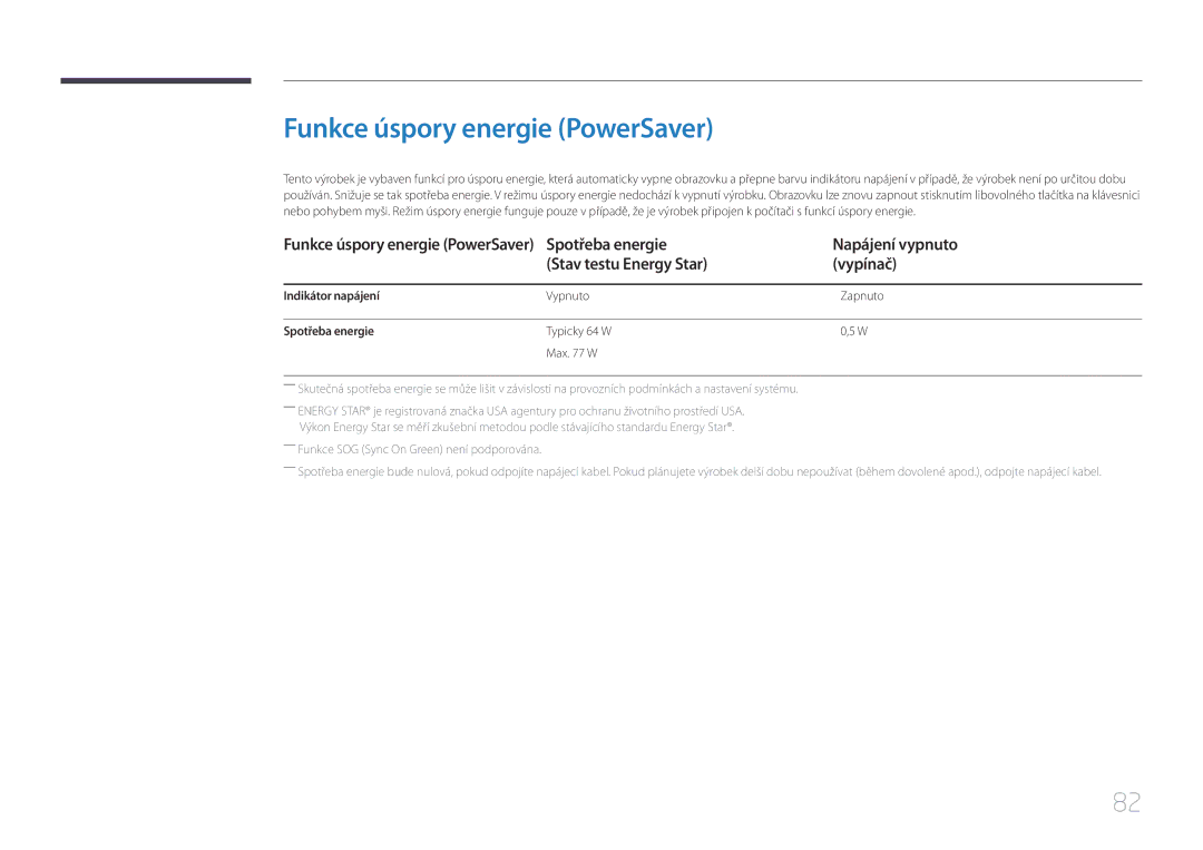 Samsung LS34E790CNS/EN manual Funkce úspory energie PowerSaver, Indikátor napájení, Vypnuto Zapnuto, Spotřeba energie 