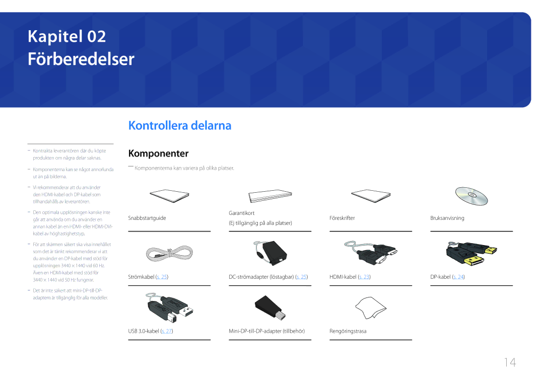 Samsung LS34E790CNS/EN manual Förberedelser, Kontrollera delarna, Komponenter, HDMI-kabel s DP-kabel s USB 3.0-kabel s 