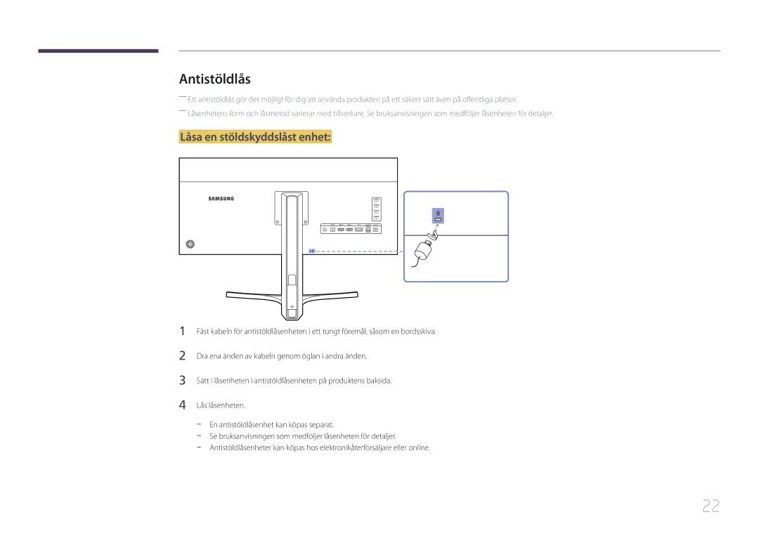 Samsung LS34E790CNS/EN manual Antistöldlås, Låsa en stöldskyddslåst enhet 