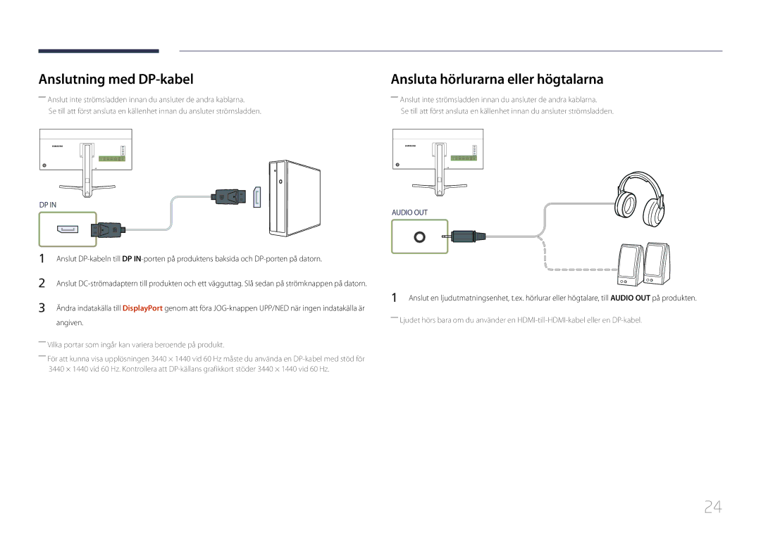 Samsung LS34E790CNS/EN manual Anslutning med DP-kabel, Ansluta hörlurarna eller högtalarna, Angiven 