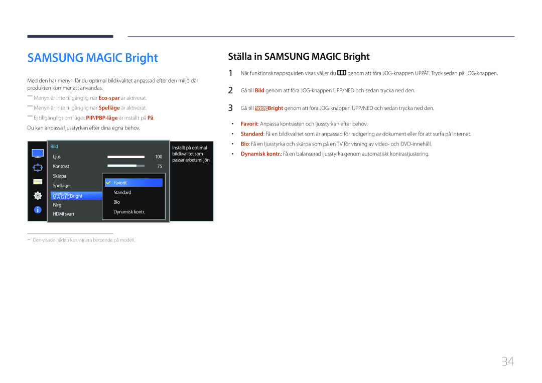 Samsung LS34E790CNS/EN manual Ställa in Samsung Magic Bright 