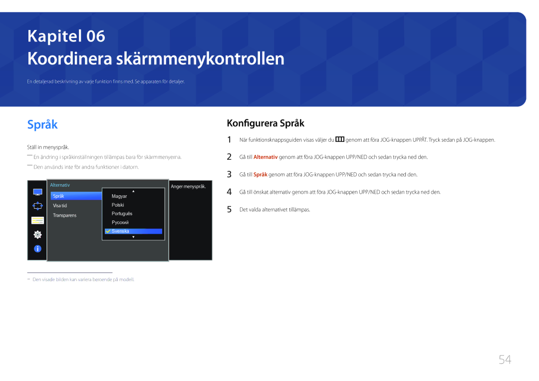 Samsung LS34E790CNS/EN manual Koordinera skärmmenykontrollen, Konfigurera Språk, Ställ in menyspråk 