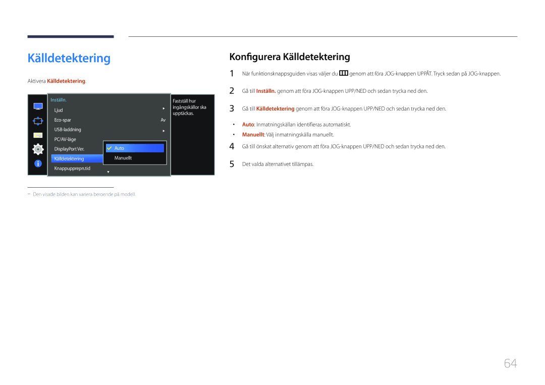 Samsung LS34E790CNS/EN manual Konfigurera Källdetektering, Aktivera Källdetektering, Manuellt Välj inmatningskälla manuellt 