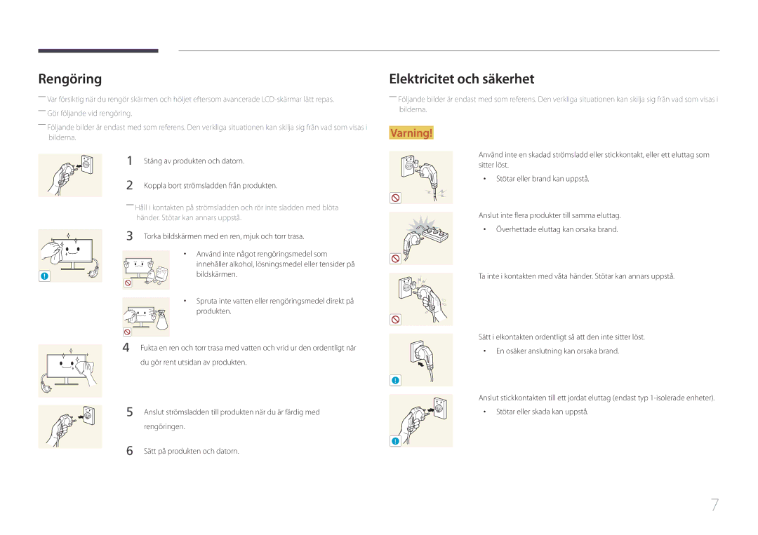 Samsung LS34E790CNS/EN manual Rengöring, Elektricitet och säkerhet 