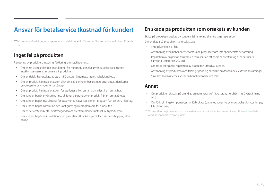 Samsung LS34E790CNS/EN manual Inget fel på produkten, En skada på produkten som orsakats av kunden, Annat 