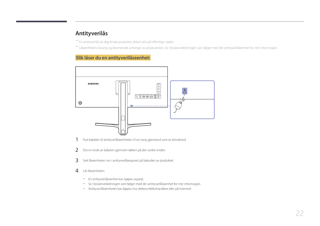 Samsung LS34E790CNS/EN manual Antityverilås, Slik låser du en antityverilåseenhet 