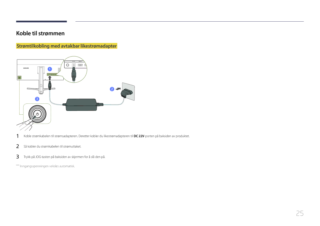 Samsung LS34E790CNS/EN manual Koble til strømmen, Så kobler du strømkabelen til strømuttaket 