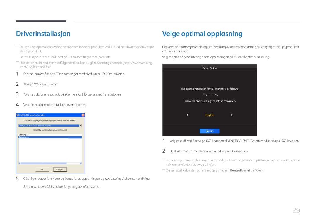 Samsung LS34E790CNS/EN manual Driverinstallasjon, Velge optimal oppløsning 