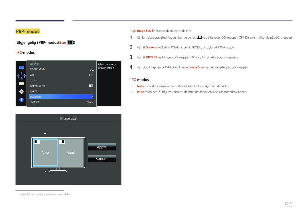 Samsung LS34E790CNS/EN manual Tilgjengelig i PBP-modusSize PC-modus, Angi Image Size for hver av de to skjermdelene 