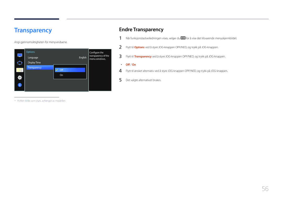 Samsung LS34E790CNS/EN manual Endre Transparency, Angi gjennomsiktigheten for menyvinduene 