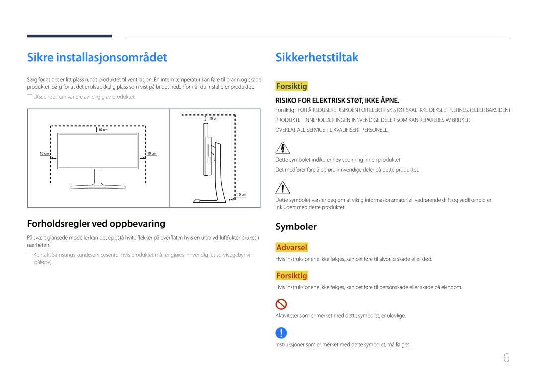 Samsung LS34E790CNS/EN manual Sikre installasjonsområdet, Sikkerhetstiltak, Forholdsregler ved oppbevaring, Symboler 