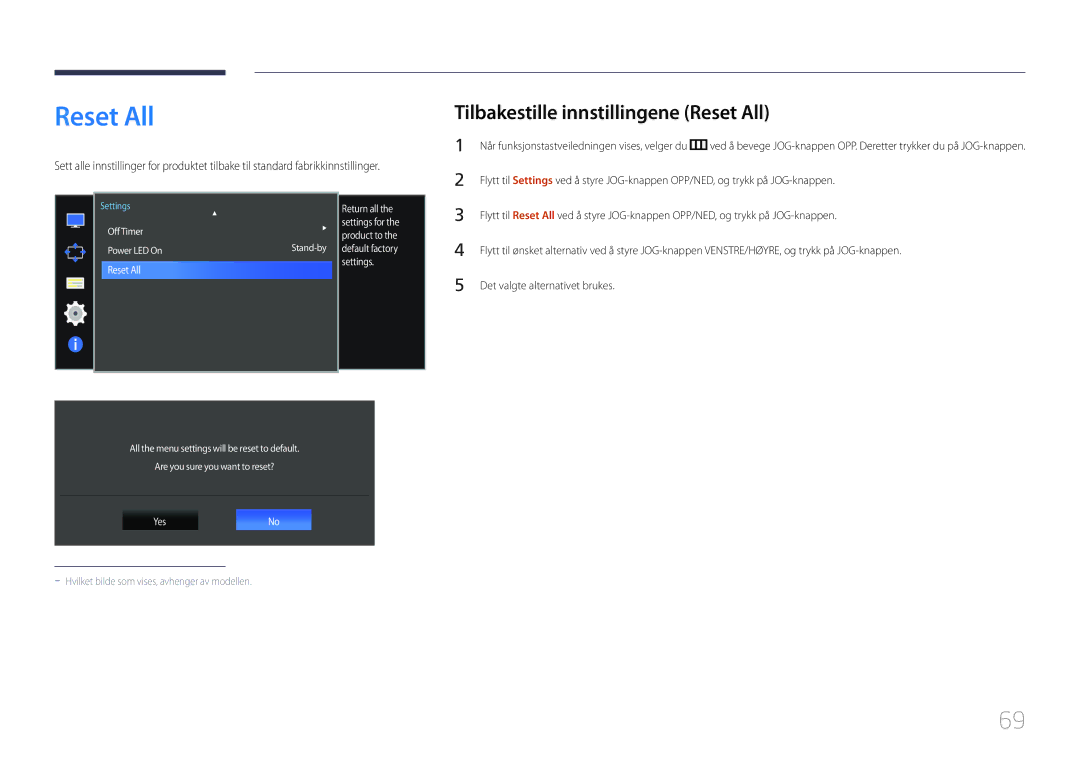 Samsung LS34E790CNS/EN manual Tilbakestille innstillingene Reset All 